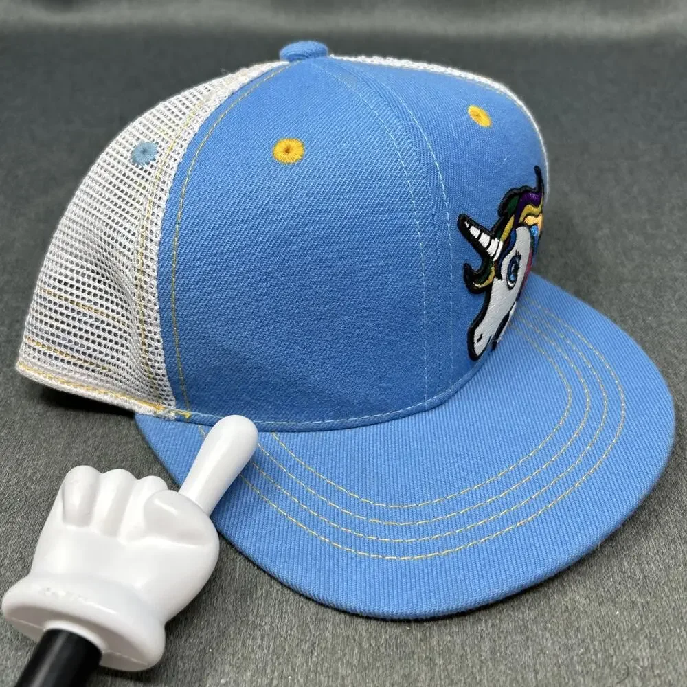 Aksels Unicorn Trucker Hat Snapback Youth OS Flat Bill Light Blue White Mesh Cap